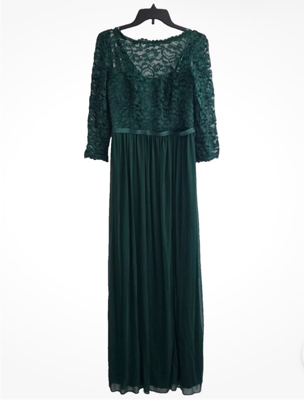 David's Bridal Deep Green Lace Bodice Long Sleeve Dress